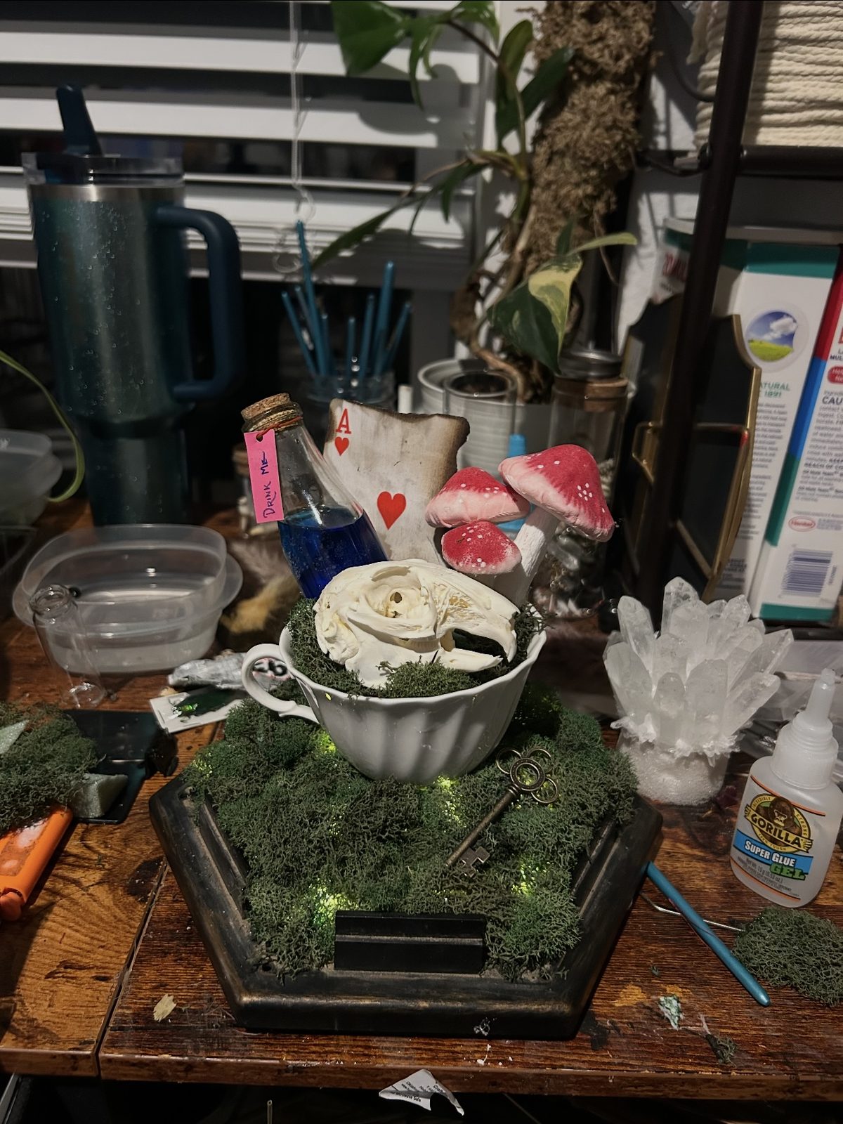 A small skull resting in a white teacup on lit green moss, with red-capped mushrooms, a blue Drink Me bottle, a playing card, and a brass key.