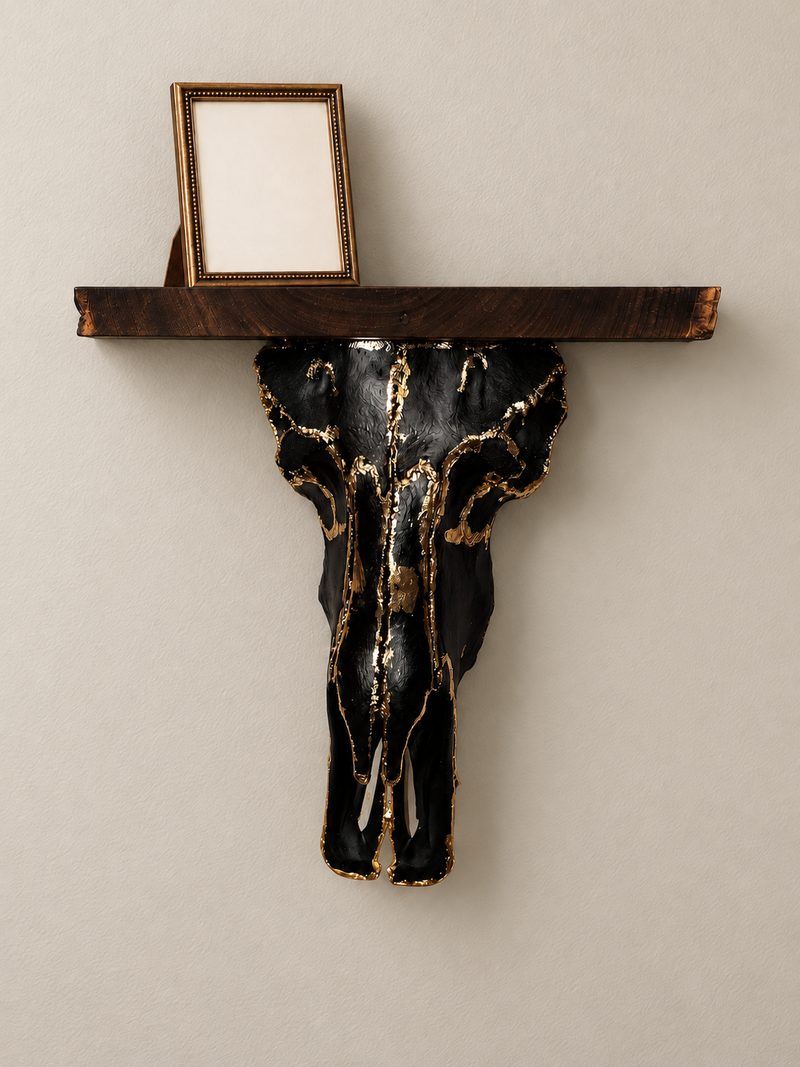 A skull wall shelf: a dark wooden board mounted across the top of a black skull with gold detailing along its ridges and edges, with a small empty picture frame standing on it.