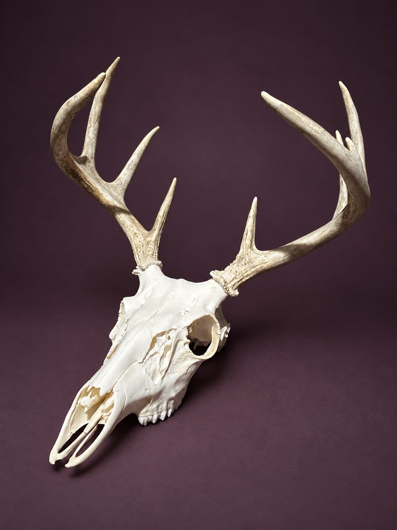 A finished European mount: a cleaned, whitened deer skull with its antlers, resting at an angle on a deep plum backdrop.