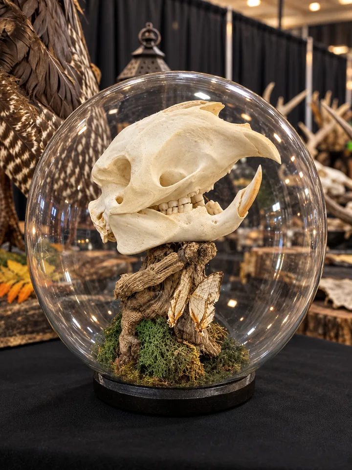 A skull with long curved orange front teeth on driftwood and moss inside a clear glass globe, on a black booth table with antlers, feathers and the show hall behind it.