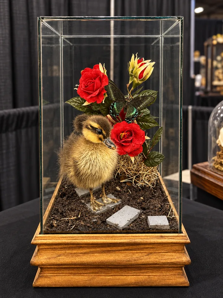 A taxidermy duckling, brown and yellow, standing on small stone pavers beside red roses and a green and black butterfly, inside a tall glass case on a wooden base.