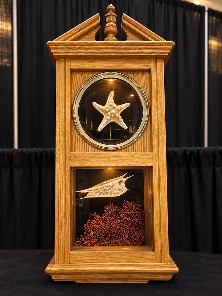 A tall oak display cabinet with a pediment top: a white starfish behind a round glass window, and below it a horned fish skeleton above red branching coral in a lit case.