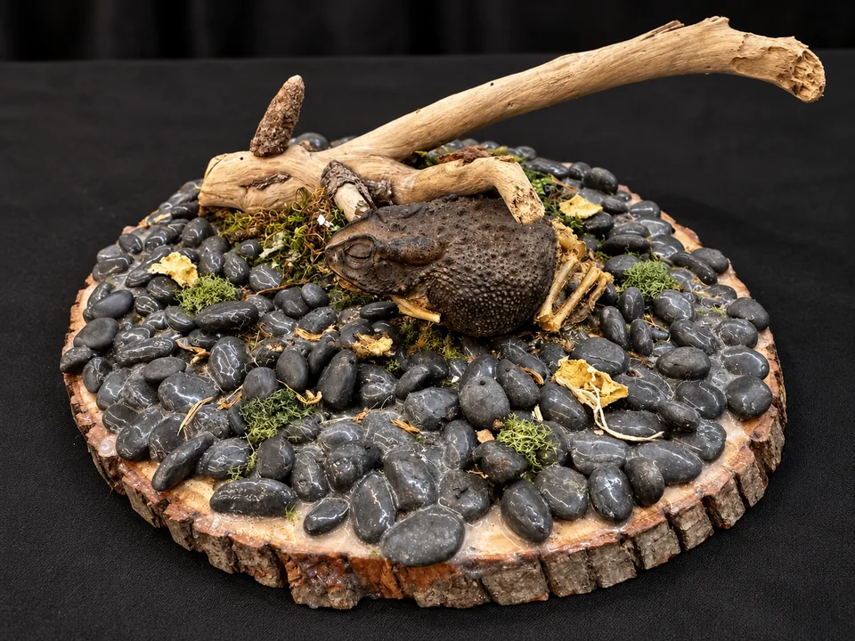 A dark, warty toad resting under a piece of driftwood on a round slice of wood covered in glossy black river stones and moss.