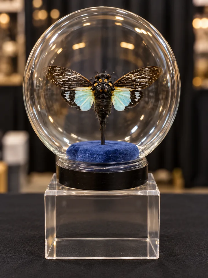 A cicada with clear patterned forewings and pale blue-green hindwings, mounted above a blue velvet cushion inside a clear glass globe on an acrylic riser.