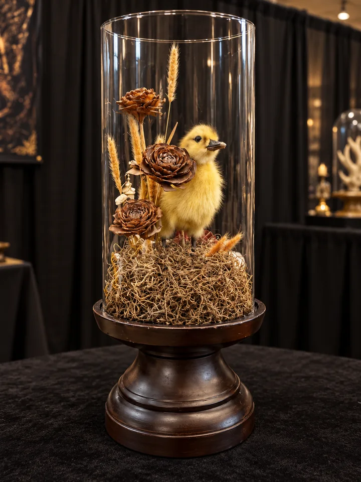 A taxidermy yellow duckling among flowers made of pine-cone scales and dried wheat stems, inside a tall glass cylinder on a dark turned wooden pedestal.