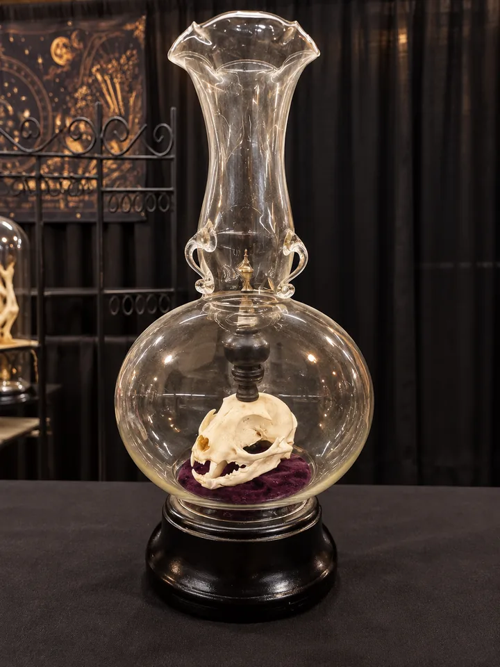 A tall clear glass vase with a ruffled rim and small handles; inside its round base a small skull rests on purple velvet beneath a dark turned finial, on a black wooden base.